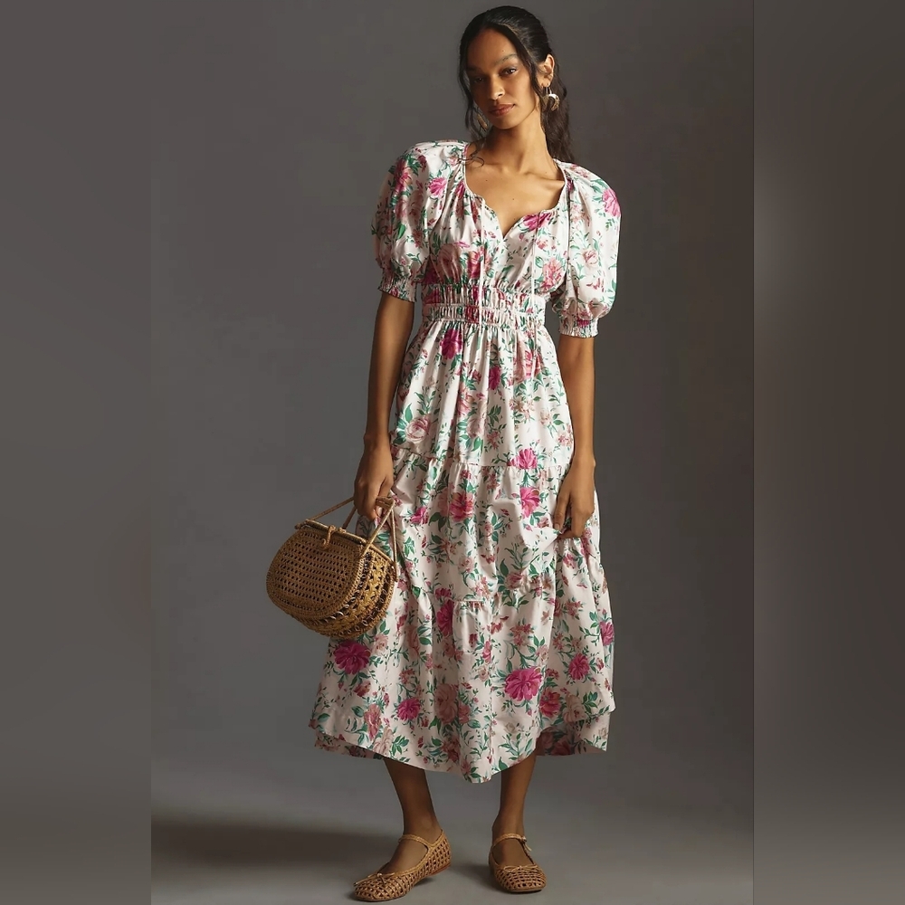 Anthropologie The Somerset Puff-Sleeve Maxi Dress White Floral Women's Size S